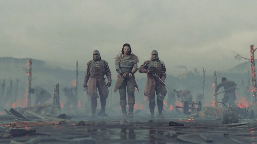 A captive is escorted by two guards in a worn battlefield. Promotional image for GreedFall 2