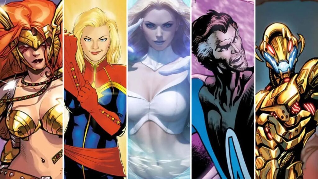 An edited image showing Angela, Captain Marvel, Emma Frost, Mister Fantastic, and Ultron.